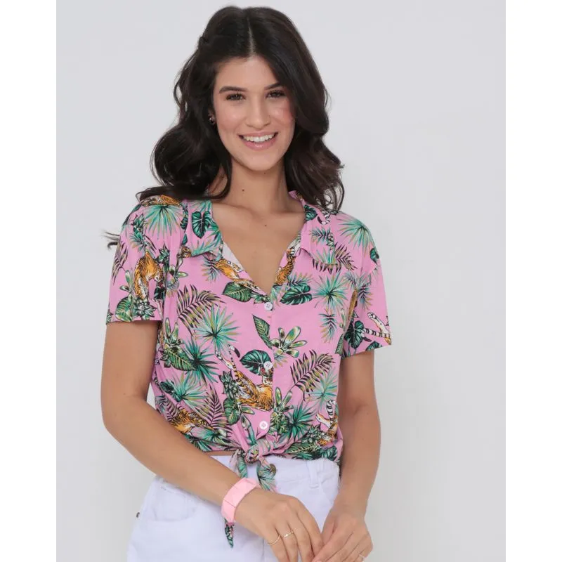 Camisa Malha Feminina Nozinho Estampa Floral Rosa Claro G