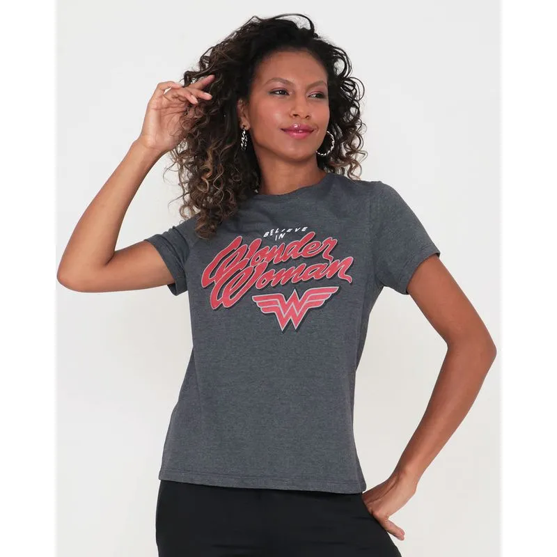Camiseta Feminina Estampa Mulher Maravilha Liga da Justiça Cinza P
