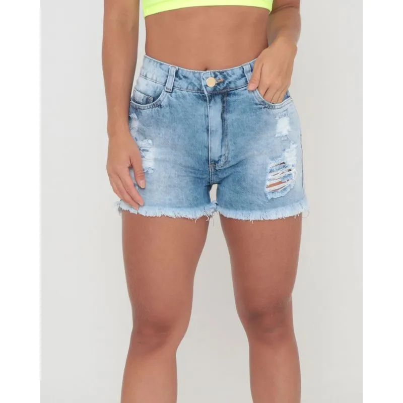 Short Jeans Feminino Destroyed Azul Claro 42