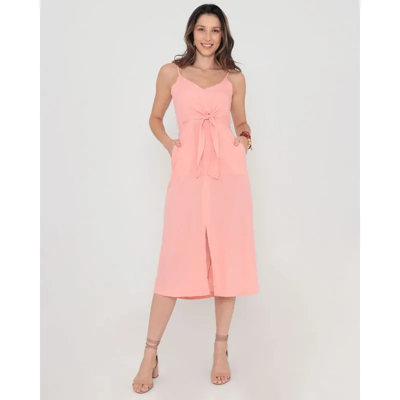 Vestido Midi Alcinha Com Fenda E Amarração Liso Rosa Claro P