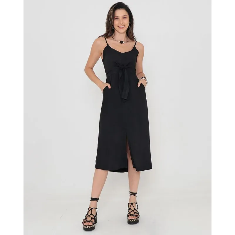 Vestido Midi Alcinha Com Fenda E Amarração Liso Preto M
