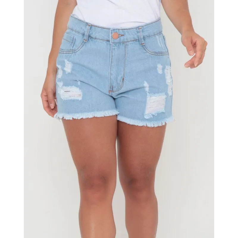 Short Jeans Feminino Destroyed Azul Claro 46