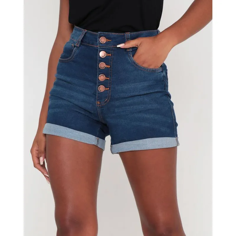Short Jeans Feminino Com Botões Azul 44