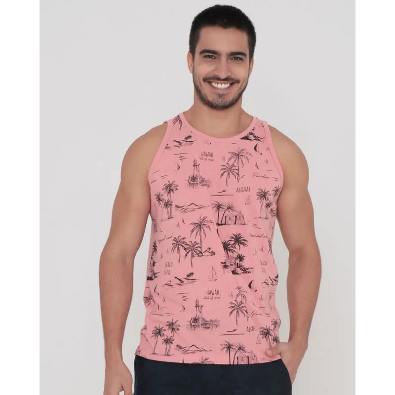 Regata Masculina Estampa Tropical Havaí Rosa Claro M