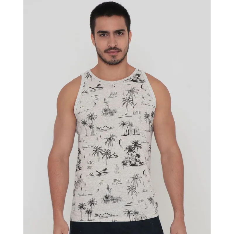 Regata Masculina Estampa Tropical Havaí Bege Claro M
