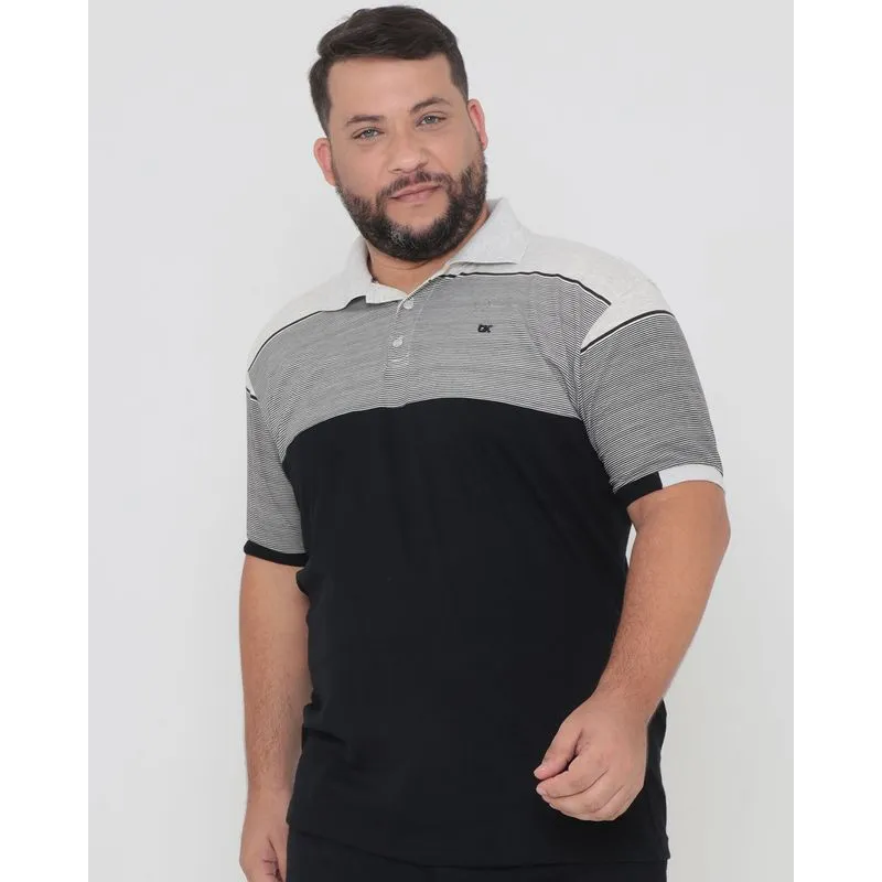 Polo Plus Size Recortes Listrada Cinza Claro G2