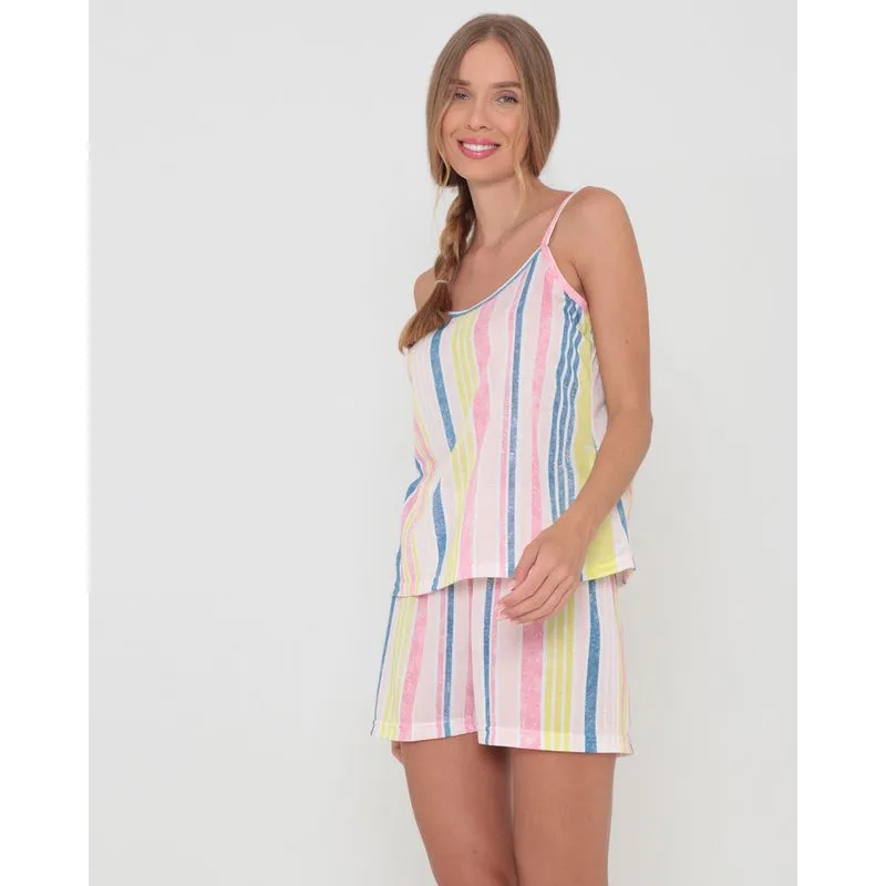 Pijama Short Doll Estampa Listrada Rosa P