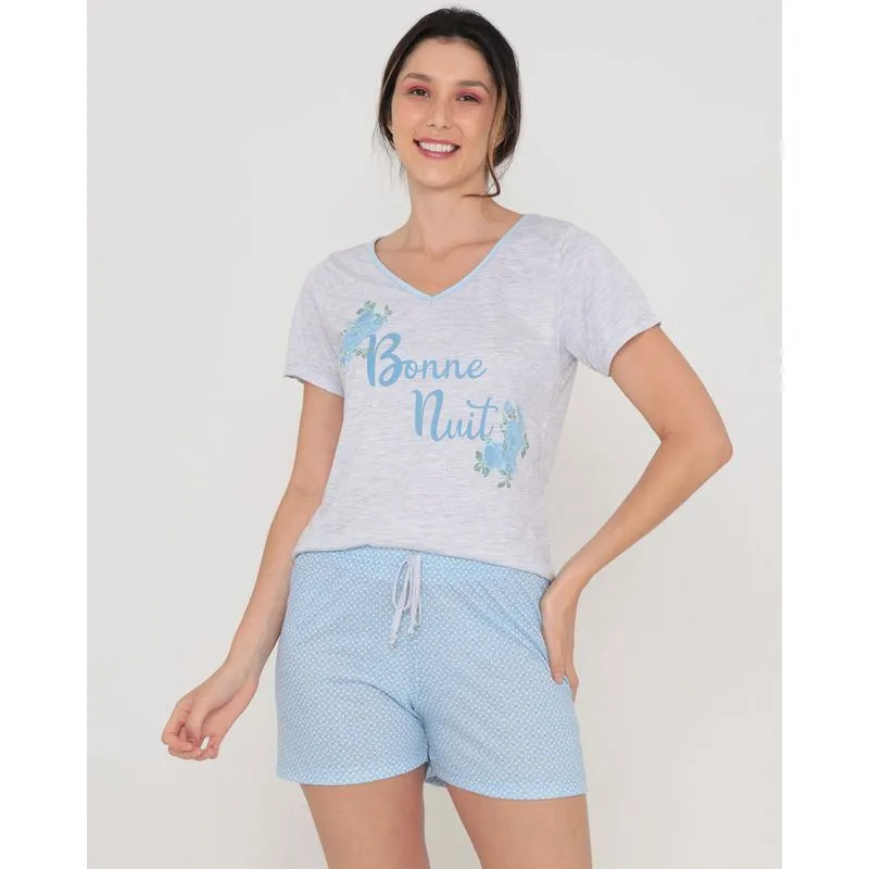 Pijama Feminino Curto Estampa Bonne Nuit Azul Claro M