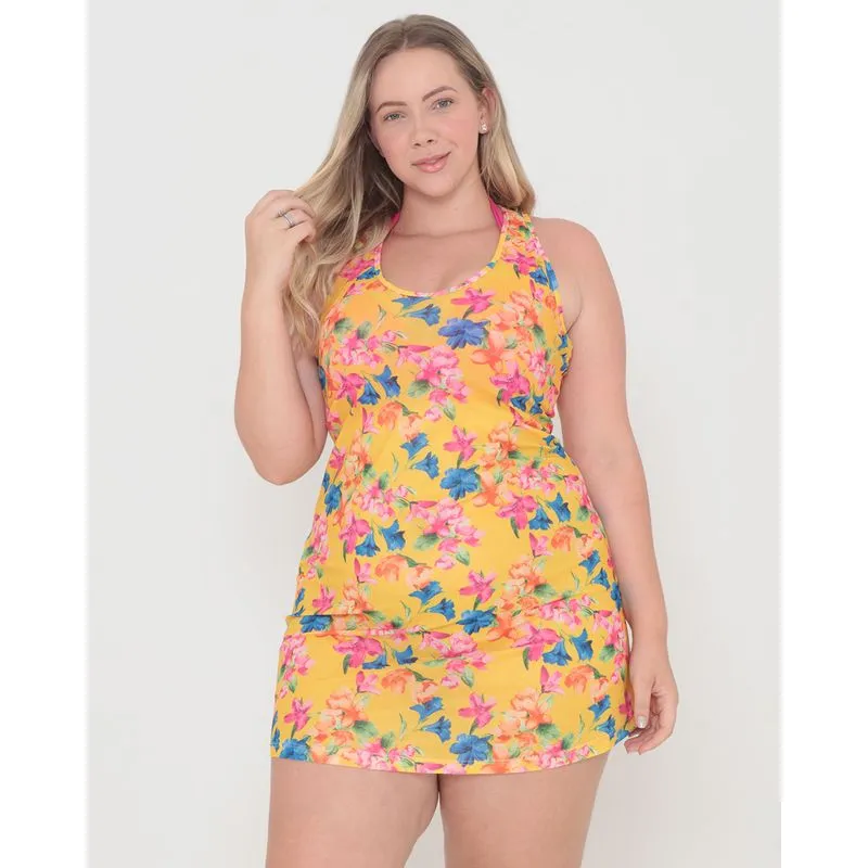 Saída de Praia Plus Size Estampa Floral Amarela G3