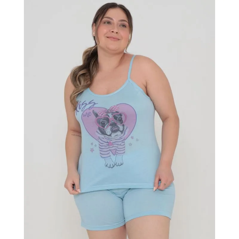 Pijama Feminino Plus Size Estampa Cachorro Azul 50