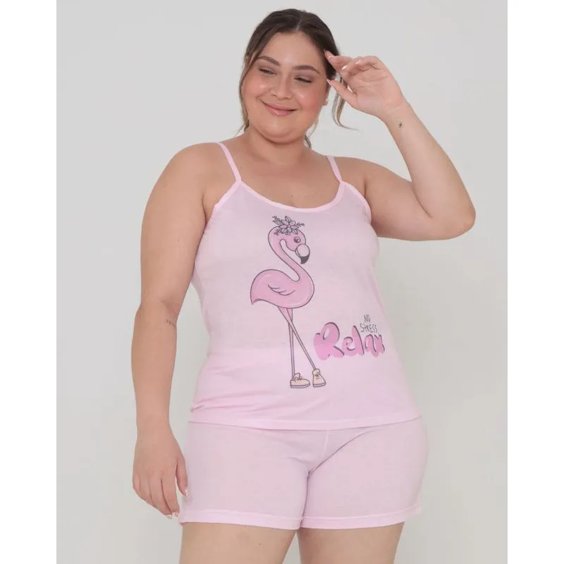 Pijama Alcinha Plus Size Estampa Flamingo Rosa 52