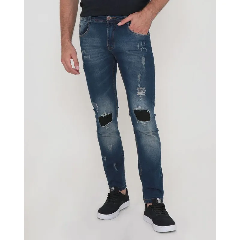 Calça Jeans Masculina Slim Com Puídos Azul 40