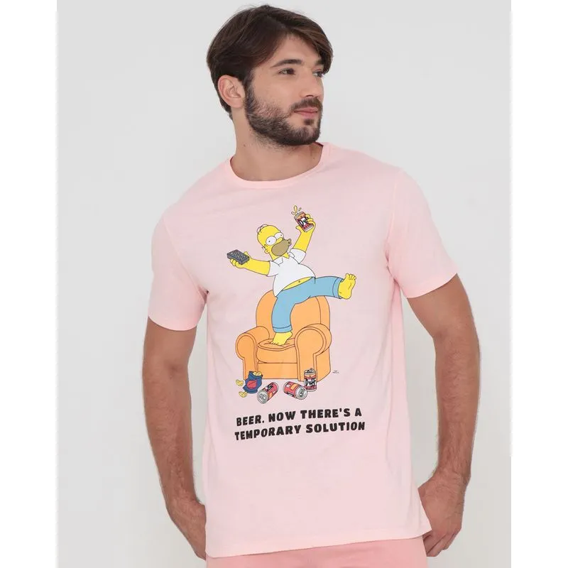 Camiseta Manga Curta Estampa Homer Simpson Rosa Claro GG