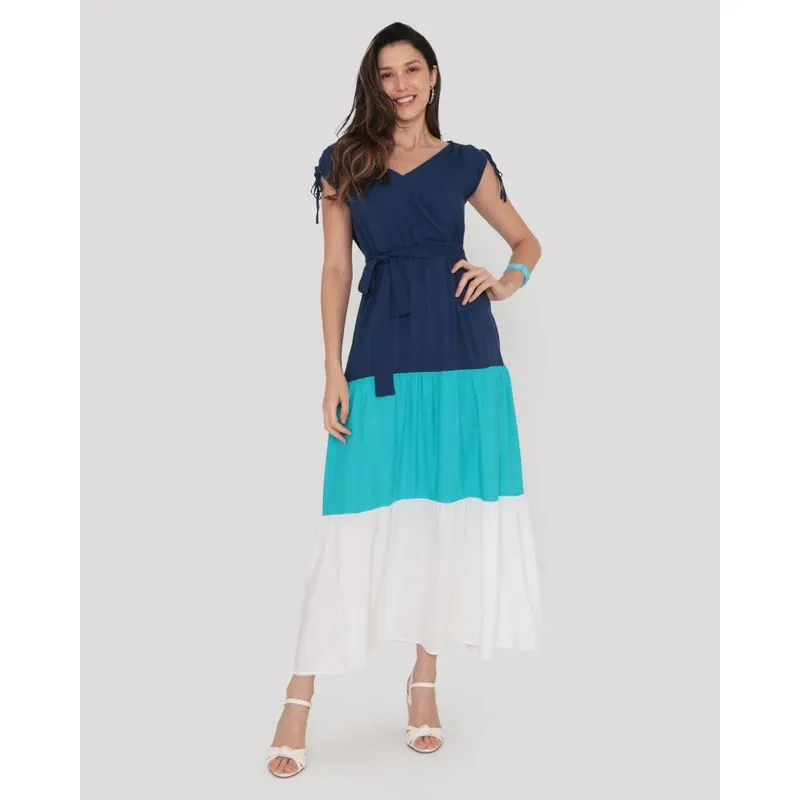 Vestido Longo Coulisse Com Babados Marinho P