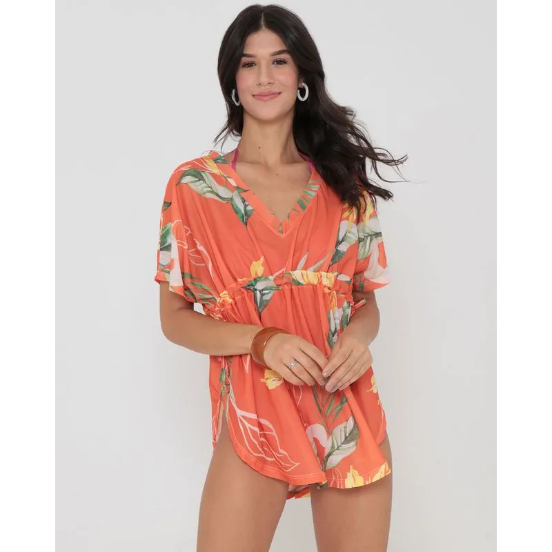 Saída de Praia Vestido Com Amarração Floral Laranja P