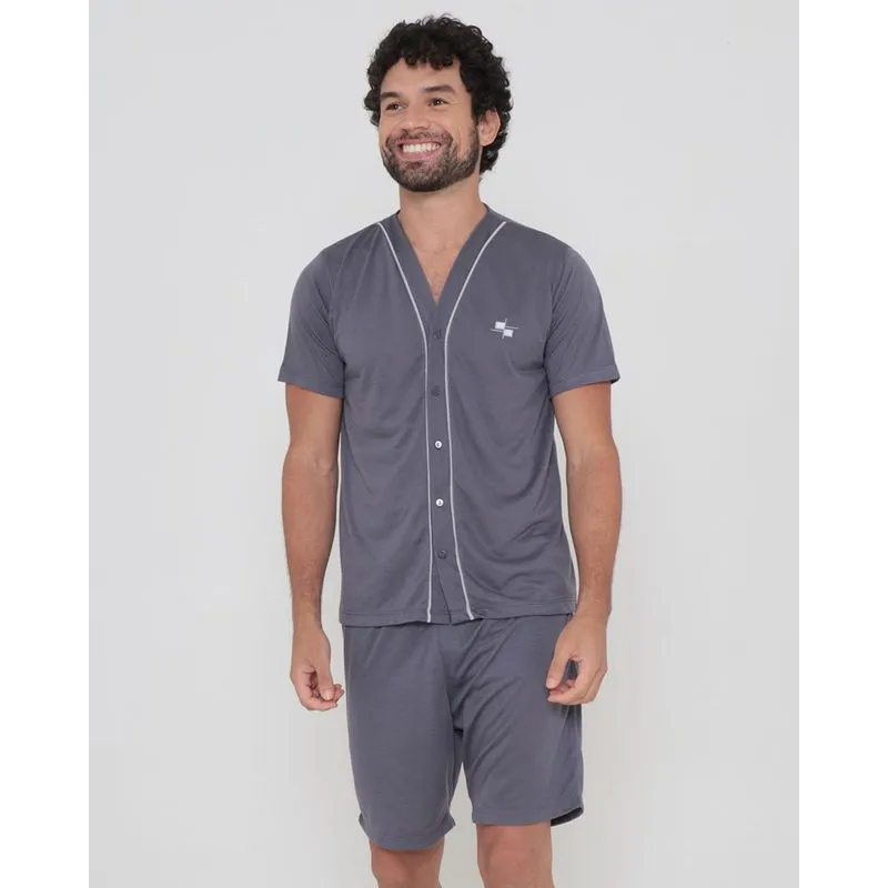 Pijama Masculino Aberto Com Bordado Cinza Médio M