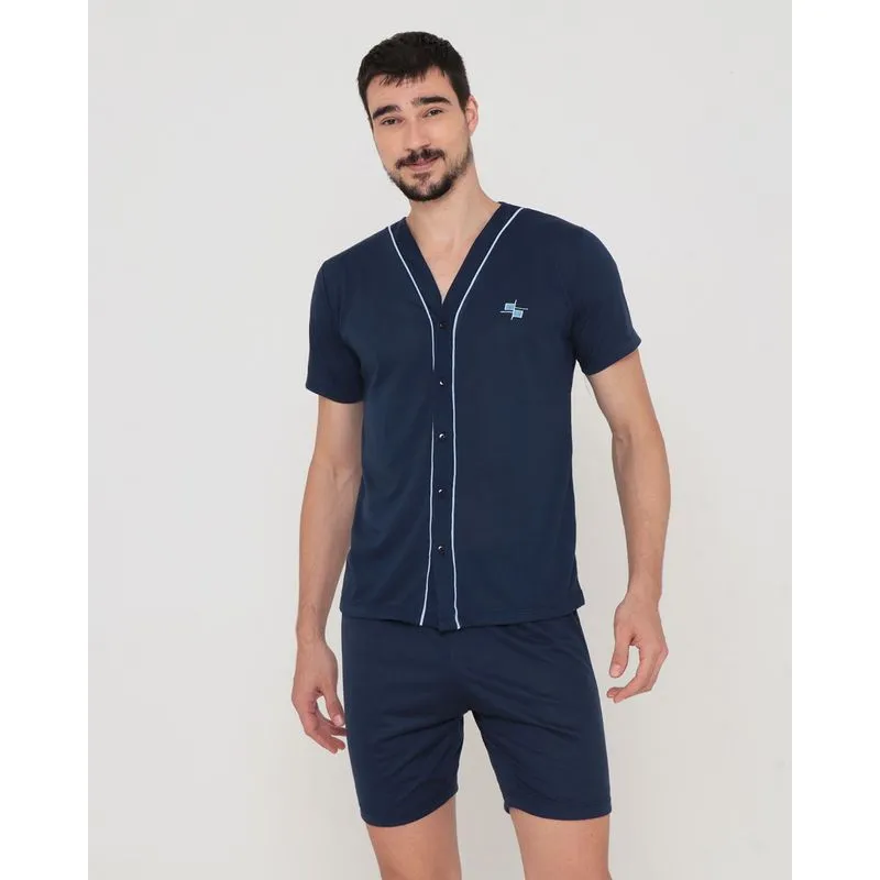 Pijama Masculino Curto Aberto Bordado Marinho M