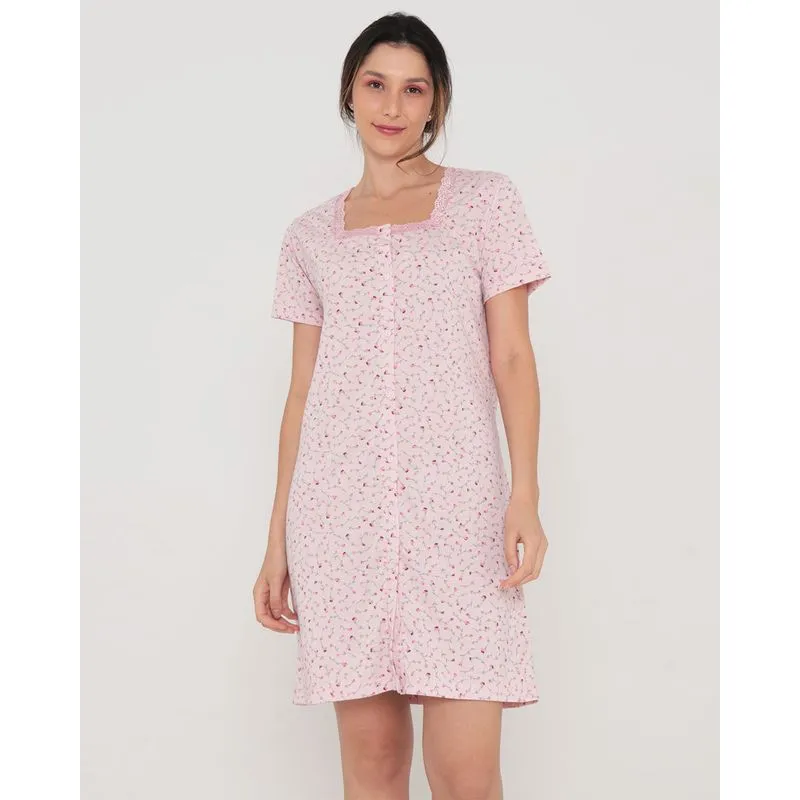Camisola Curta Reta Com Botões Floral Rosa Claro G