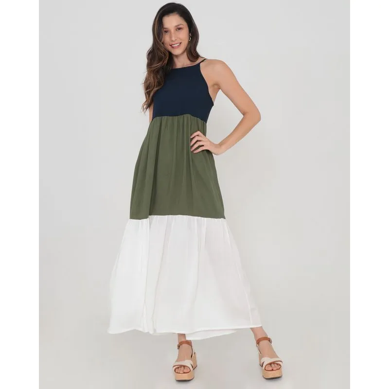 Vestido Longo Cava Americana Tricolor Azul Marinho P