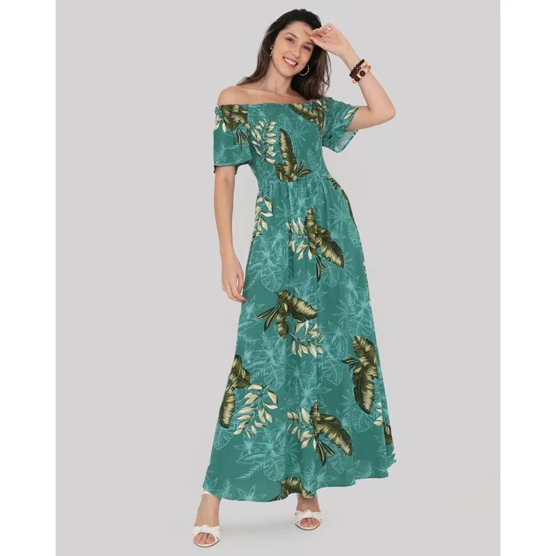 Vestido Longo Ciganinha Com Lastex Floral Verde GG