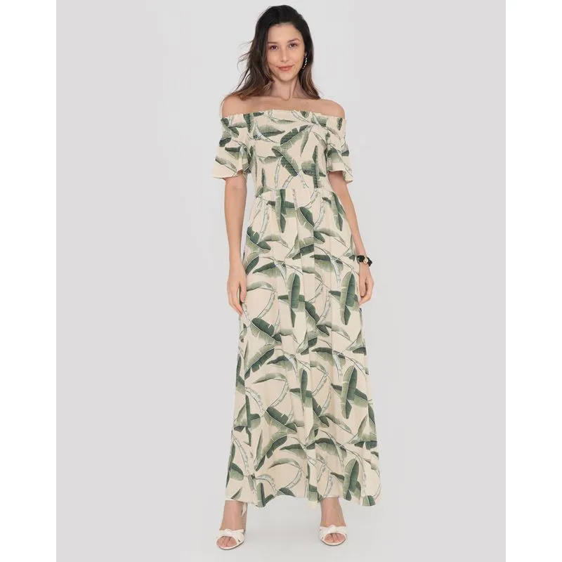 Vestido Longo Ciganinha Com Lastex Floral Bege GG