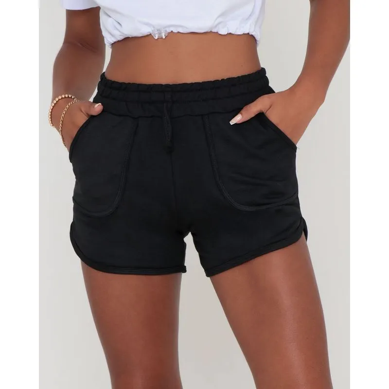 Short Feminino Moletinho Com Bolsos Preto GG