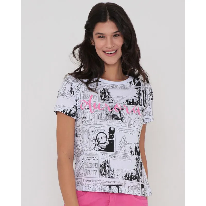 Camiseta Feminina Algodão Disney Aurora Manga Curta Branca G