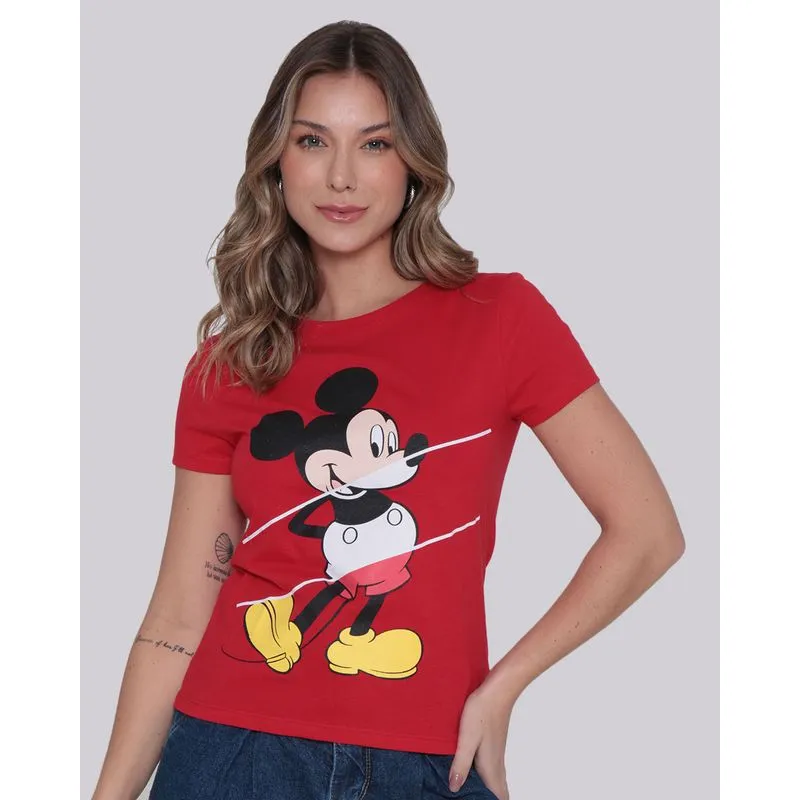 Camiseta Feminina Algodão Disney Mickey Manga Curta Vermelha G