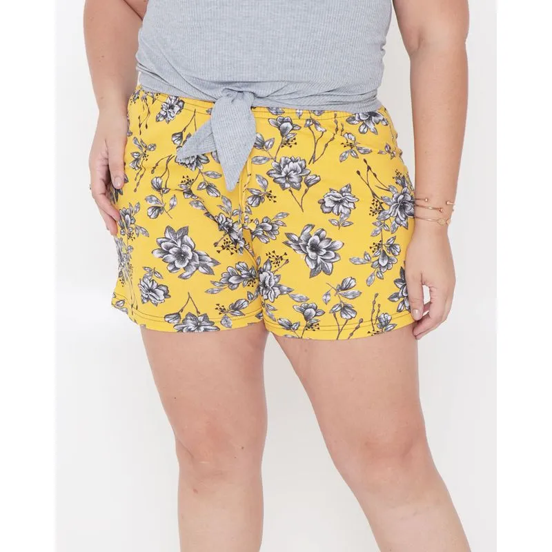 Short Plus Size Elástico Estampado Floral Amarelo G1