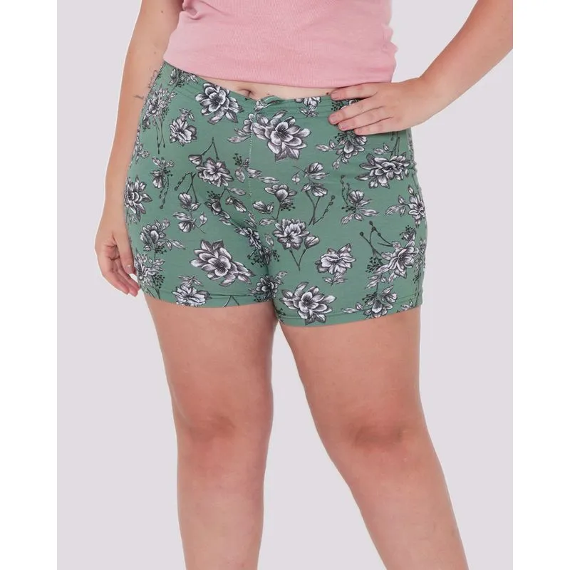 Short Plus Size Elástico Estampado Floral Verde G1