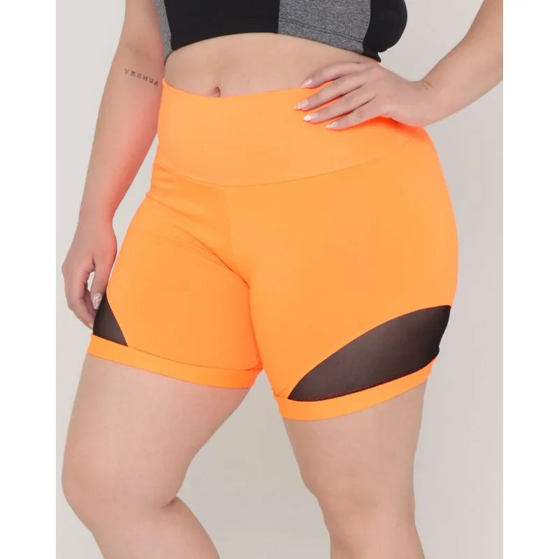 Bermuda Fitness Fitter Plus Size Recorte Tule Neon Laranja G3