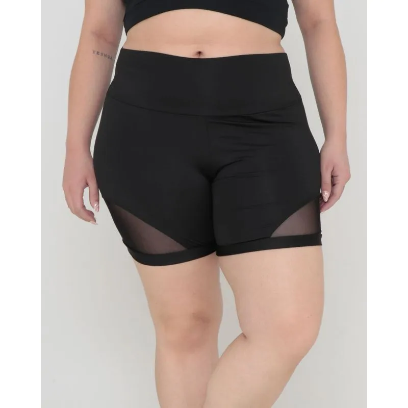 Bermuda Fitness Fitter Plus Size Recorte Tule Preta G2