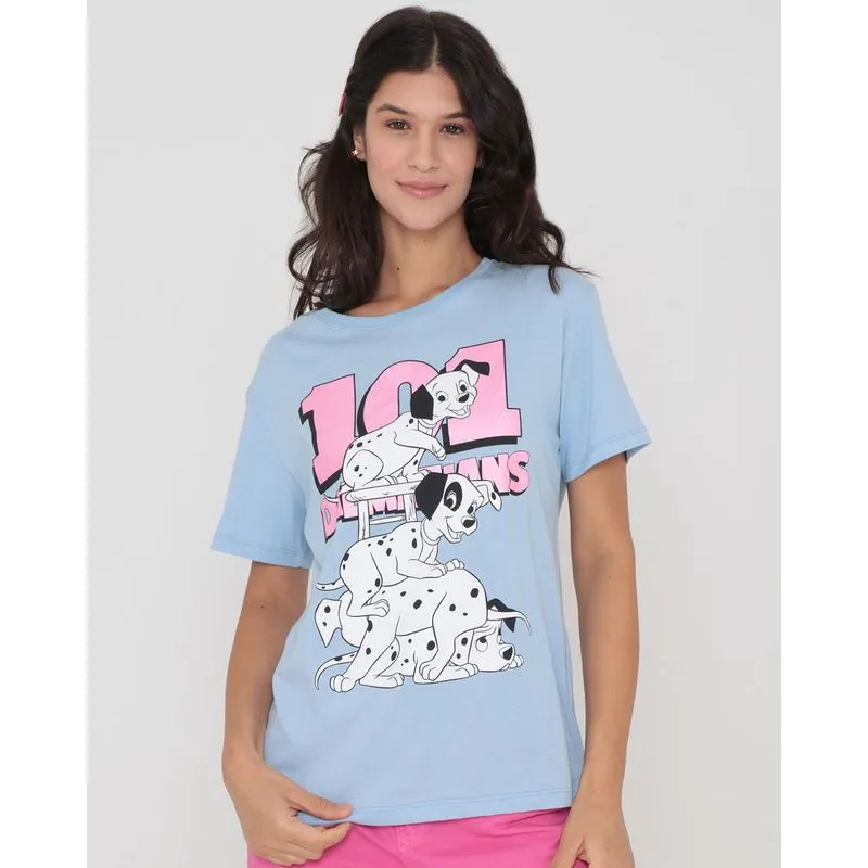 Camiseta Feminina Algodão Disney 101 Dalmatas Manga Curta Azul M
