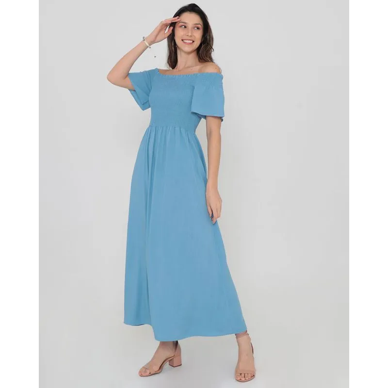 Vestido Longo Ciganinha Com Lastex Azul G