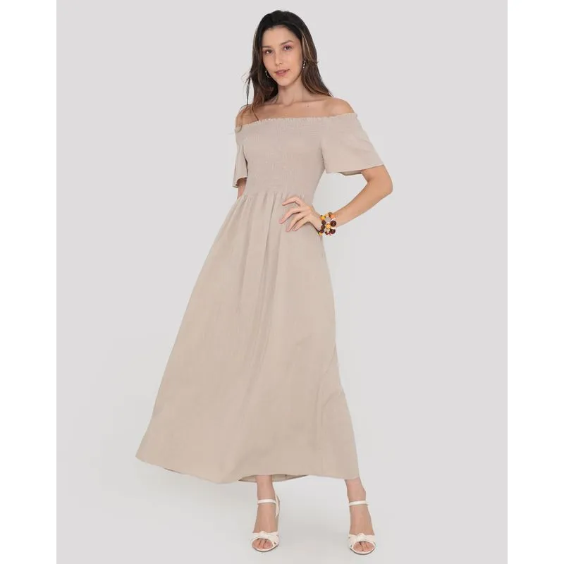 Vestido Longo Ciganinha Com Lastex Bege M