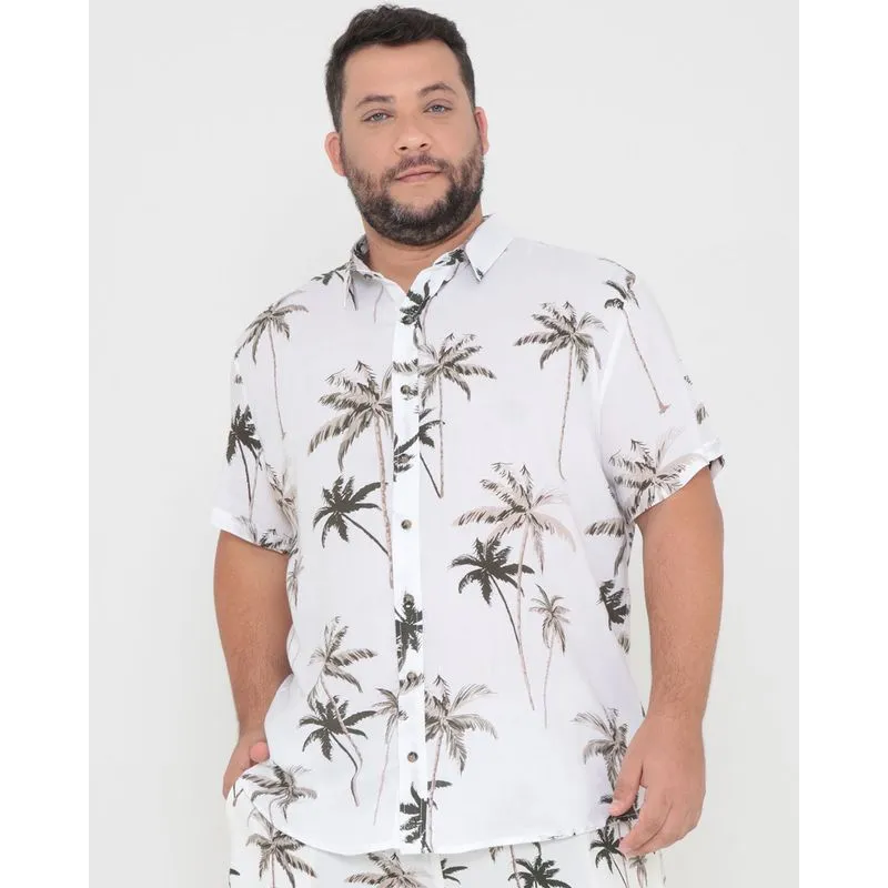 Camisa Masculina Plus Size Estampa Tropical Branca G1