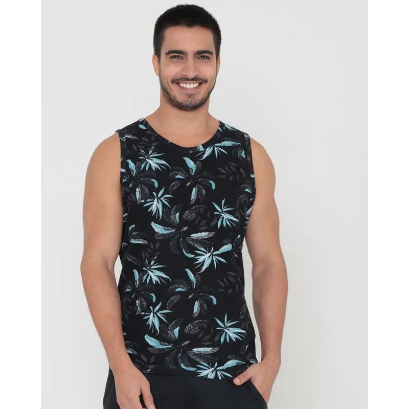 Regata Masculina Estampa Floral Preta GG