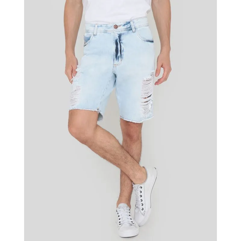 Bermuda Jeans Masculina Destroyed Estonado Azul Claro 46