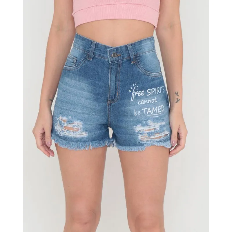 Short Jeans Feminino Destroyed Com Frase Azul 40
