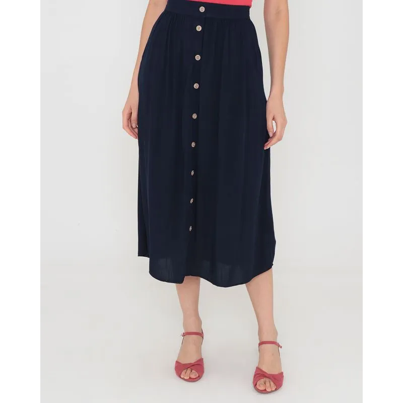Saia Midi Com Botões E Bolsos Azul Marinho P