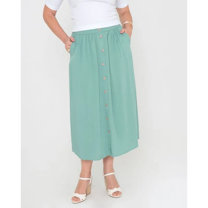 Saia Midi Com Botões E Bolsos Verde Claro P