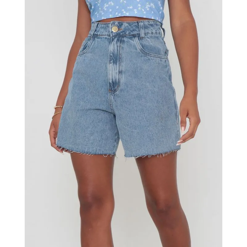 Bermuda Jeans Feminina Cintura Alta Blue Jeans Claro 38