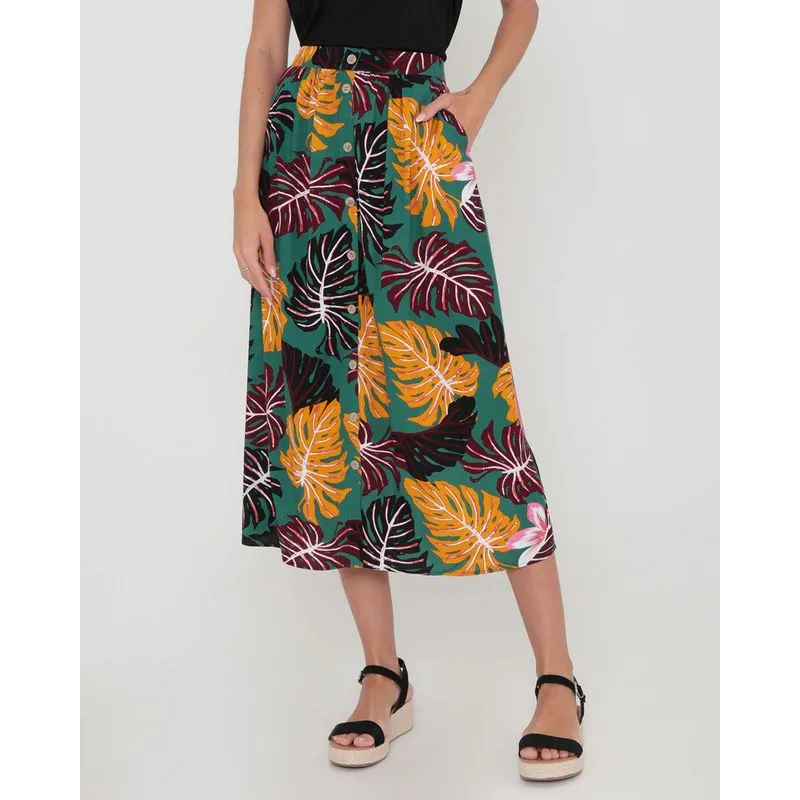 Saia Midi Estampa Floral Verde G