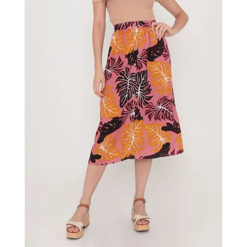 Saia Midi Com Botões Estampa Floral Rosa M