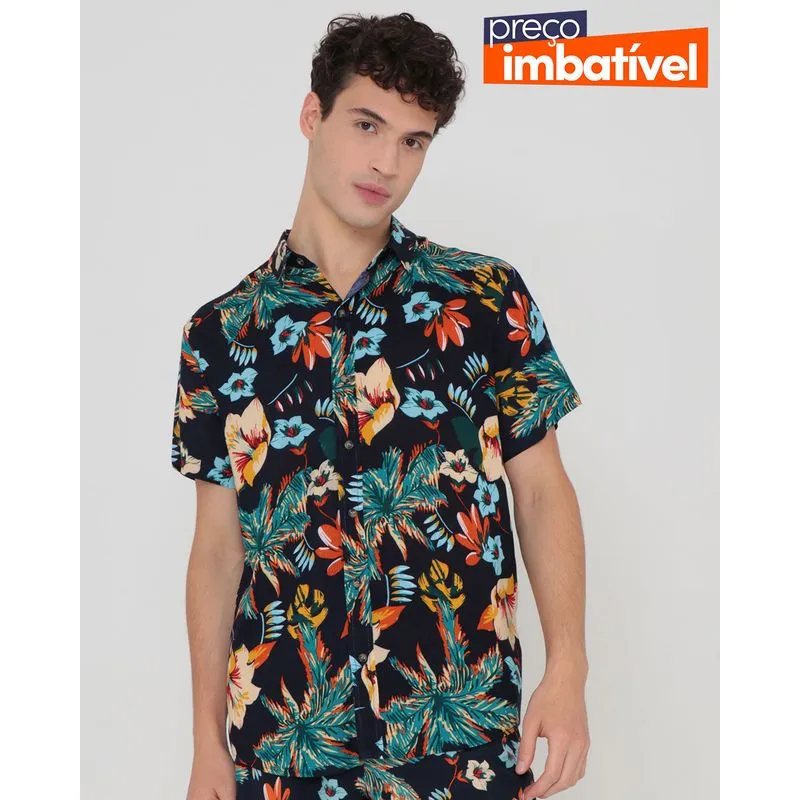Camisa Masculina Estampa Floral Azul Marinho G