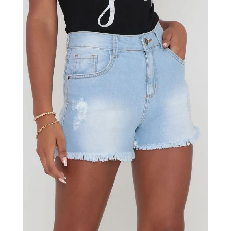 Short Jeans Feminino Reto Destroyed Blue Jeans Claro 38