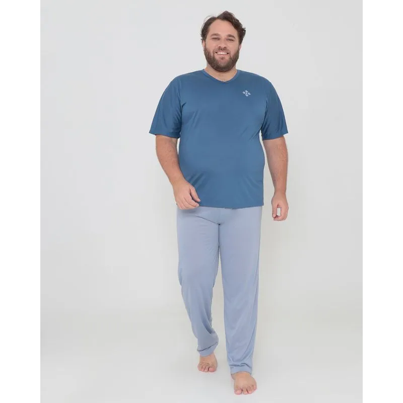 Pijama Masculino Plus Size Manga Curta Azul G3