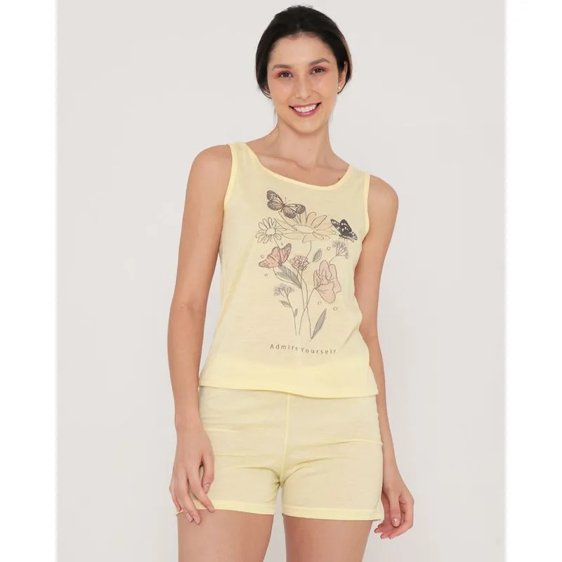Pijama Feminino Regata Estampa Flor Amarelo Claro G