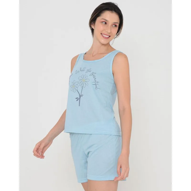 Pijama Feminino Regata Estampa Flor Azul Claro GG