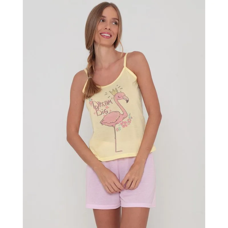 Pijama Feminino Curto Estampa De Flamingo Amarelo E Rosa P